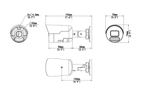 警報アラーム(音・光)機能付4MPバレット型ネットワークカメラ IPC2124SB-ADF28KMC-I1 本体寸法図