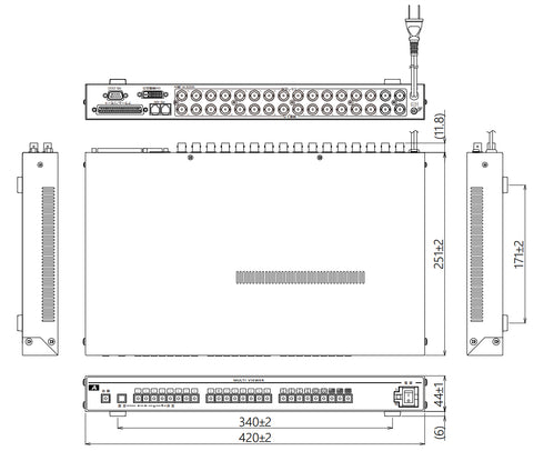 AMV-1600 アナログHD 16入力 DVI出力 マルチビューワ 本体寸法図