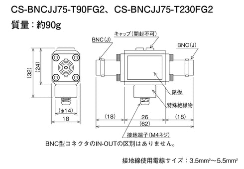 ハイビジョンITVカメラ用SPD(同軸用SPD)CS-BNCJJ75-T90FG2 本体寸法図