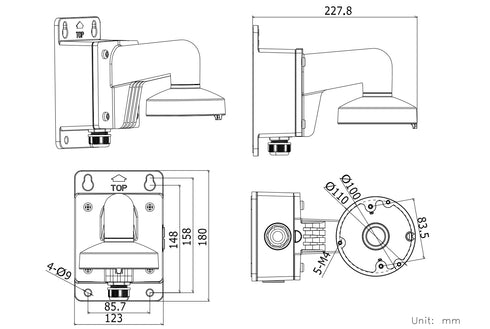 DS-1272ZJ-110B ドームカメラ用ジャンクションボックス付壁面取付金具 本体寸法図