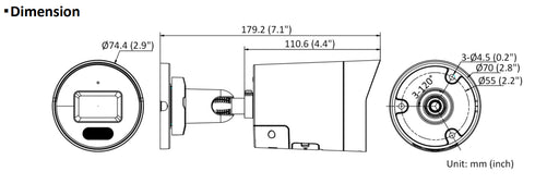 DS-2CD2047G2-LU/SL ColorVu 4MP単焦点レンズ・白色LED搭載バレット型ネットワークカメラ 本体寸法図