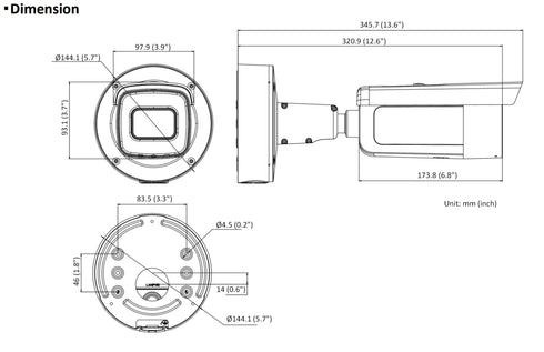 DS-2CD2646G2-IZS AcuSense 4MP電動VFレンズ・IR搭載超低照度バレット型ネットワークカメラ 本体寸法図