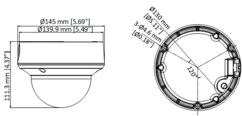 DS-2CE5AH0T-VPIT3ZE 5MP PoC対応電動VFレンズ・赤外線搭載HD-TVIドーム型防犯カメラ 本体寸法図