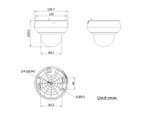 AcuSense 4MP光学4倍赤外線搭載小型PTZドーム型ネットワークカメラ DS-2DE2A404IWG1-E 本体寸法図