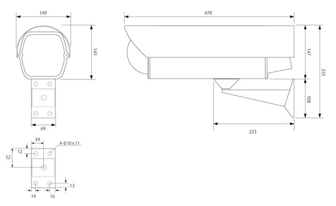 E110 ネットワークカメラ用屋外遮熱塗装ハウジングケース 本体寸法図