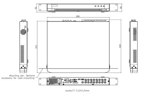 iDS-7216HUHI-M2/P PoC給電・4K対応HD-TVI 16ch AIハイブリットデジタルレコーダー 本体寸法図