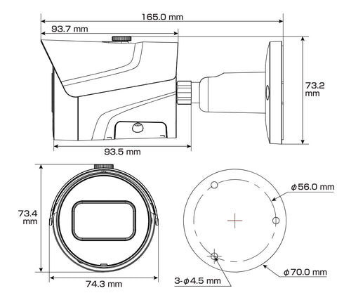 IPC-HFW2241SP-S 2MP単焦点レンズ・IR搭載バレット型ネットワークカメラ 本体寸法図