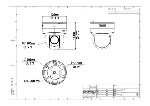 IPC6412LR-X5UPW-VG 2MP光学5倍ズーム搭載屋内用ミニPTZドーム型ネットワークカメラ 外形寸法図