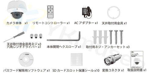 MTD-SD03FHD AHD 1080p録画対応SDカードレコーダー搭載 夜間監視対応200万画素屋内用ドーム型防犯カメラ 同梱内容