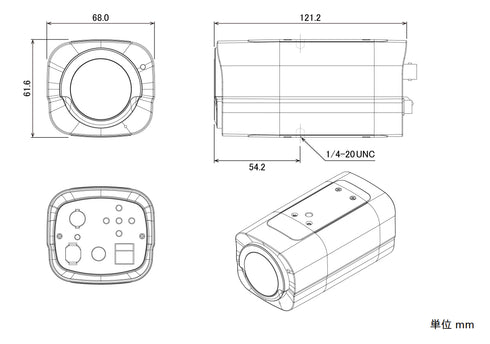 ワンケーブル(電源重畳方式)対応フルHD AHD電動バリフォーカルボックス型カメラ NAHD-900VPUM-2M 本体寸法図