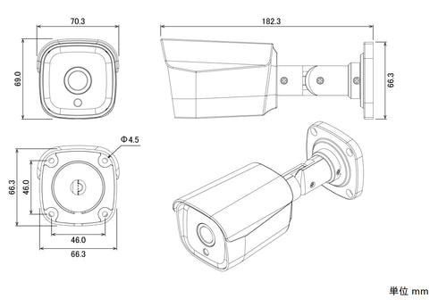 ワンケーブル(電源重畳方式)対応4MP AHD防水暗視バレット型カメラ NAHD-941VPU-4M 本体寸法図