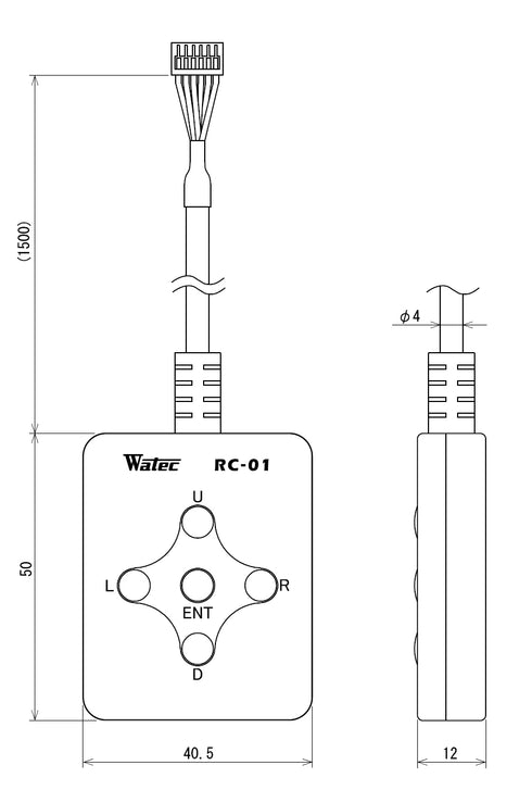 WATEC製カメラ専用有線リモコン RC-01 寸法図