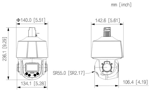 SD3E405DB-GNY-A-PV1 WizSense 4MP5倍ズームTiOC PTZ型ネットワークカメラ 本体寸法図