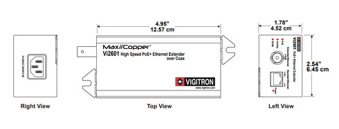 PoEインジェクタ内蔵 同軸LANコンバーター MaxiiPower Vi2601 本体寸法図