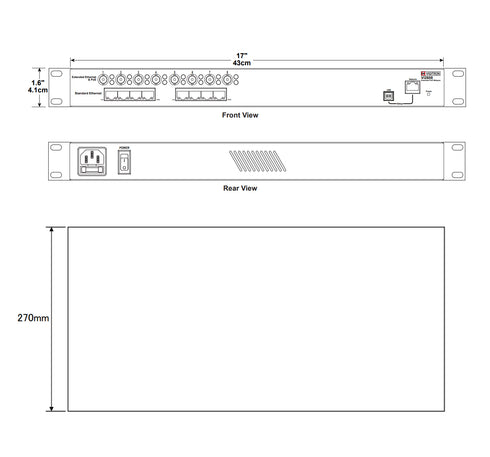 PoEインジェクタ内蔵 同軸LANコンバーター(PoEエクステンダー) MaxiiPower Vi2608 本体寸法図