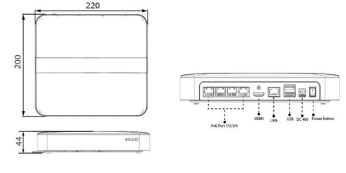 VPX-N1004-UPC 4CH 4K H.265ミニ PoE NVR 本体寸法図