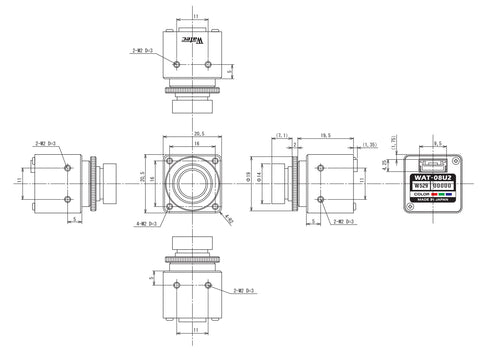 超小型USB2.0フルHDカラーカメラ WAT-08U2(G3.6) 本体寸法図