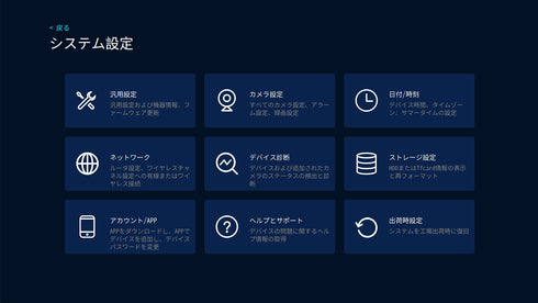 YKS-K2216EW 長距離Wi-Fi機能搭載22インチ液晶モニター一体型NVR メインメニュー画面
