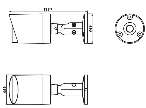 4in1マルチフォーマット対応500万画素赤外線搭載屋外防雨バレット型防犯カメラ YKS-T955BS 本体寸法図