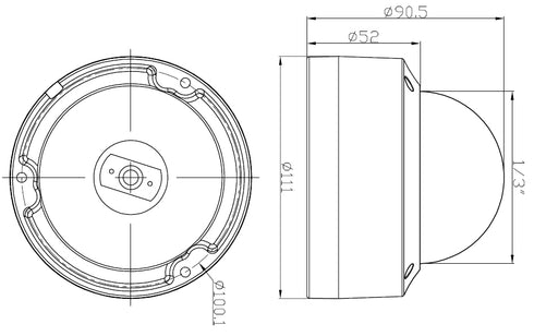 4in1マルチフォーマット対応500万画素赤外線搭載屋外防雨ドーム型防犯カメラ YKS-T955DS 本体寸法図