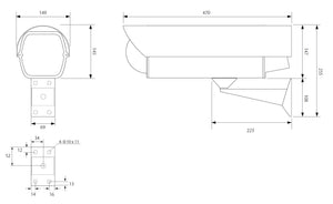 E110 ネットワークカメラ用屋外遮熱塗装ハウジングケース 本体寸法図