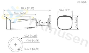 IPC-HFW3449T1-ZAS-PV 4MP電動VFレンズ搭載TiOCバレット型ネットワークカメラ 本体寸法図