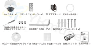 MTD-SD03FHD AHD 1080p録画対応SDカードレコーダー搭載　夜間監視対応200万画素屋内用ドーム型防犯カメラ 同梱内容