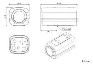ワンケーブル（電源重畳方式）対応4MP AHD電動バリフォーカルボックス型カメラ NAHD-900VPUM-4M 本体寸法図