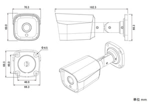 ワンケーブル（電源重畳方式）対応4MP AHD防水暗視バレット型カメラ NAHD-941VPU-4M 本体寸法図